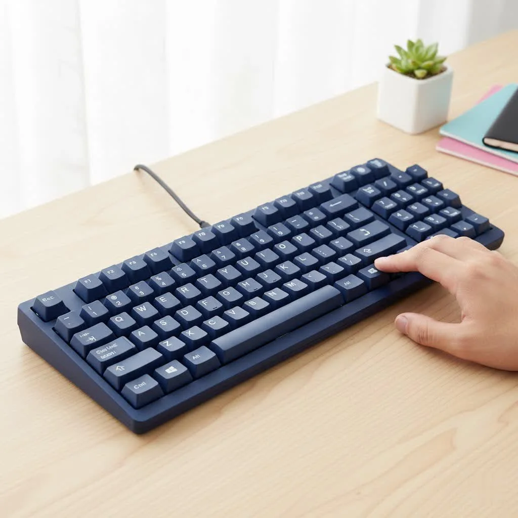 Mechanical keyboard with Mac-specific keycaps and a MacBook Pro